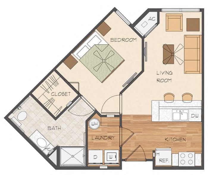 Floor plan for 1 bed, 1 bath, 595 sqft
